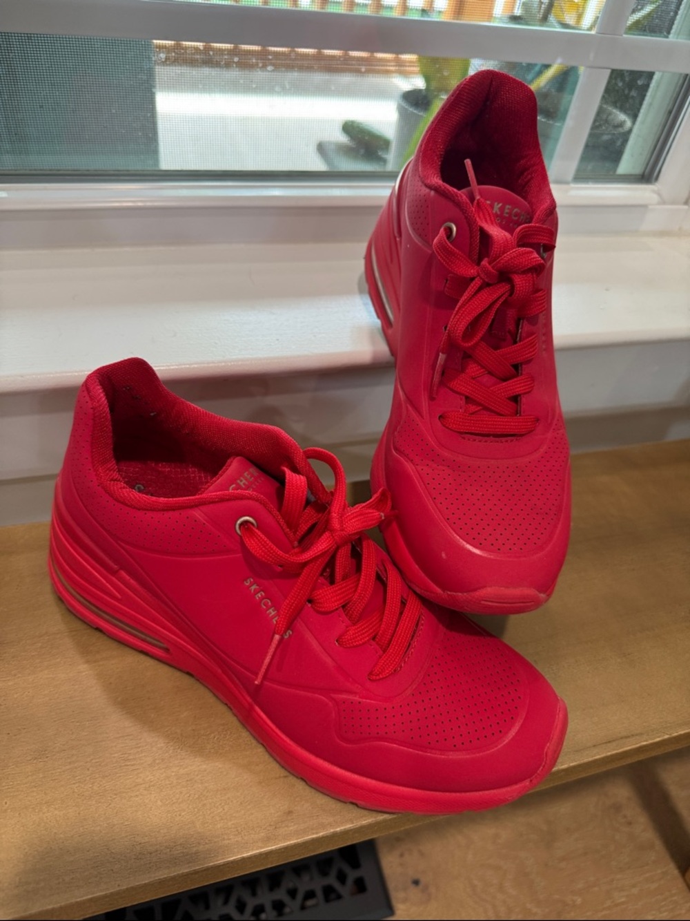 Skechers Women’s Bright Red Wedge Athletic Lace-Up Sneakers